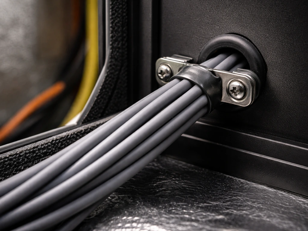 Close-up of silicone-jacketed low-voltage LED wire secured with strain relief, routed away from mains wiring.