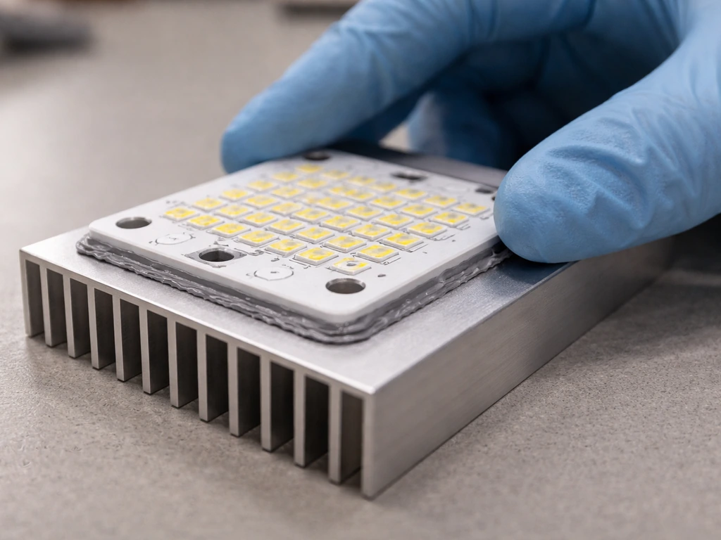 Gloved hands align an LED board to a heatsink with thin, even thermal paste and no air gaps.