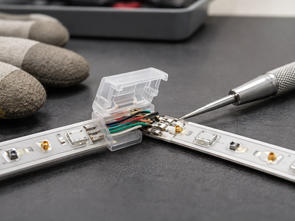 Close-up of an LED strip connector with a technician’s gloved hand inspecting a loose joint on a workbench