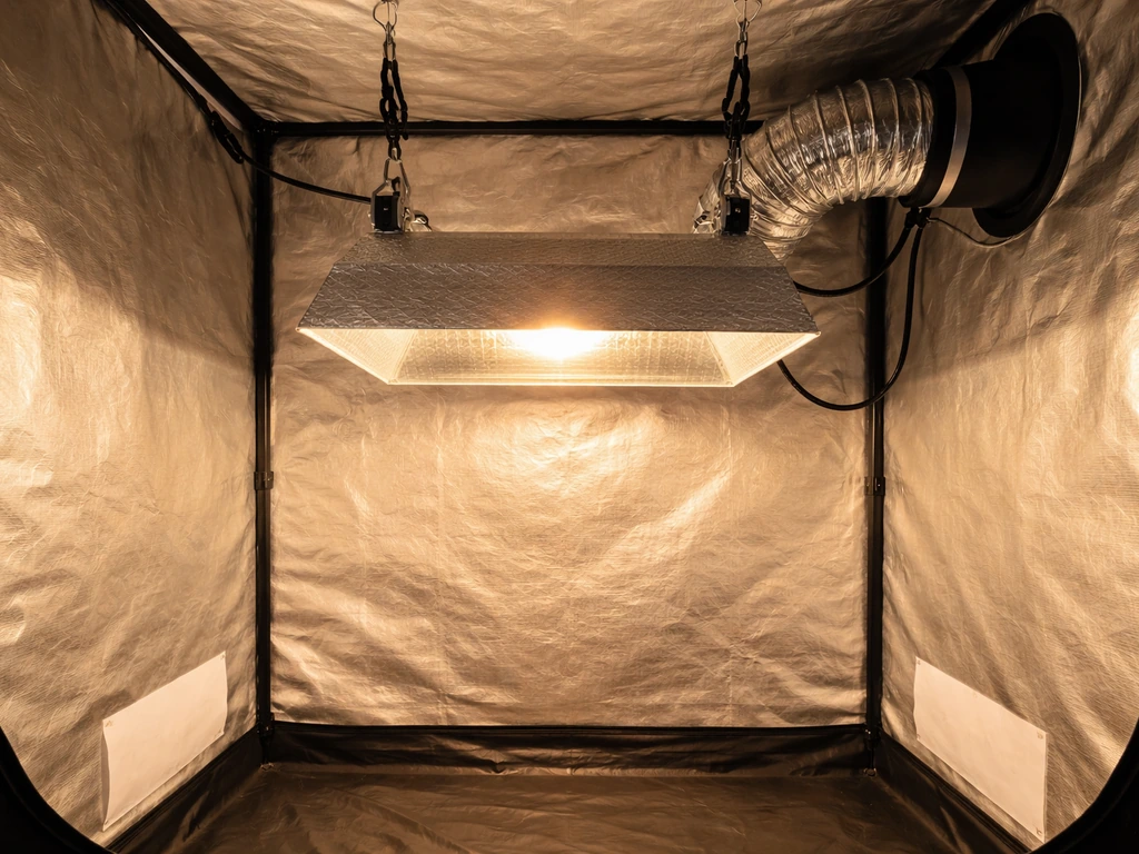 HPS grow light hanging inside a grow tent with reflector and ducted ventilation visible