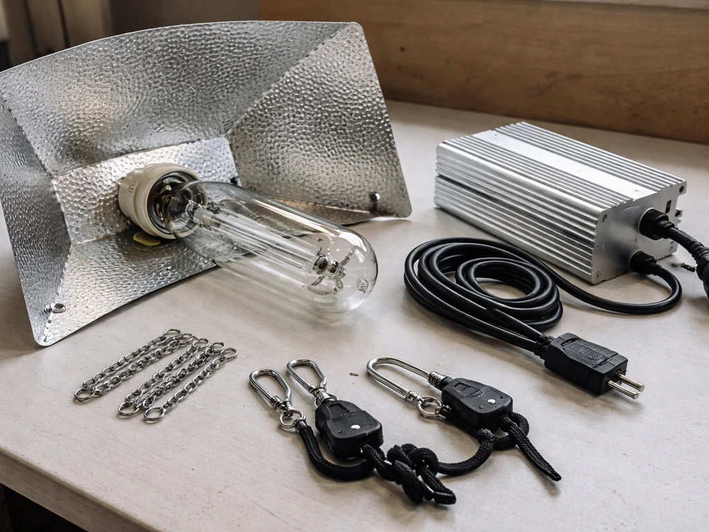 Close-up of an HPS grow light kit with bulb, reflector, ballast, and hanging hardware.