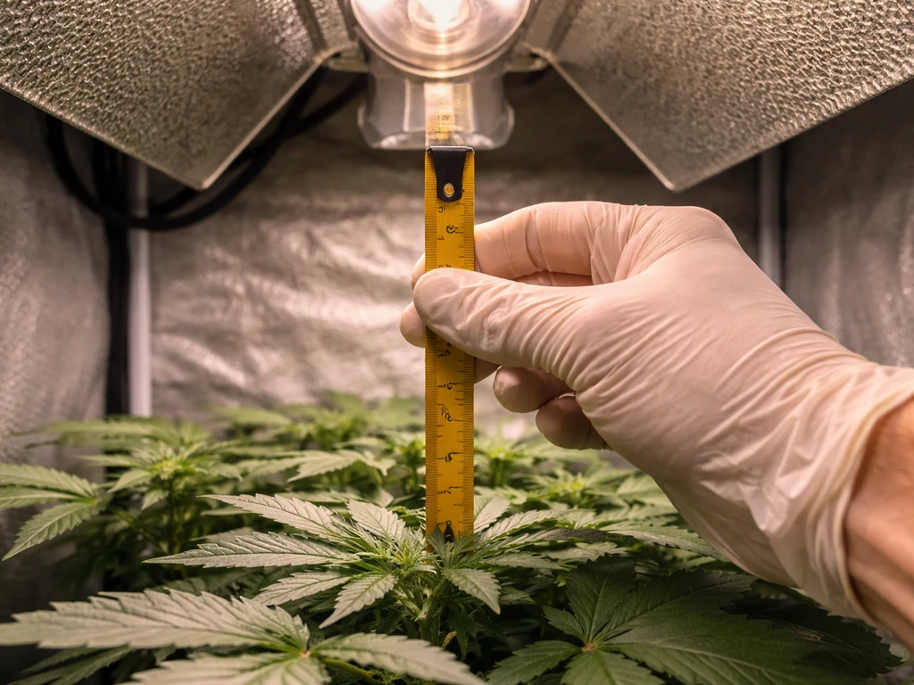 Gloved hand using a tape measure to check the gap between an HPS reflector and plant canopy.