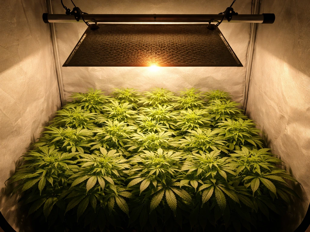 Overhead view of a centered grow light and reflector spreading light evenly across plant tops.