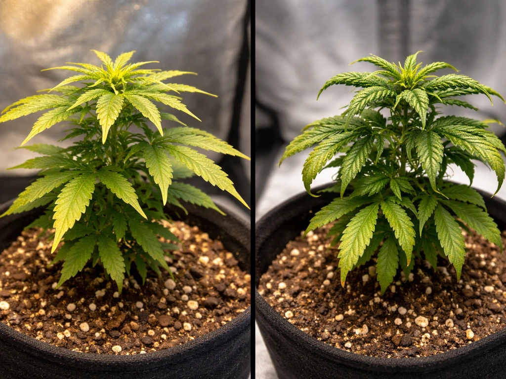 Left plant has yellow crispy tips; right plant shows upward curled, tacoed leaves from heat stress.