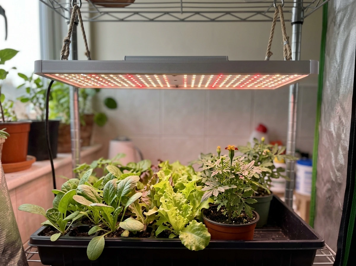 Grow light fixture showing red channel purpose for plant growth and flowering