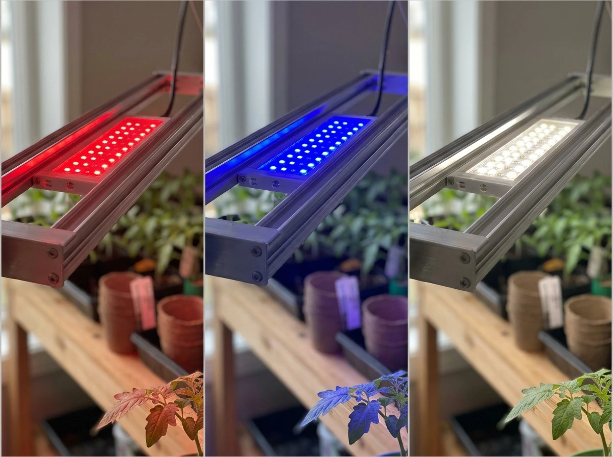Red vs blue vs white LEDs in separate switched-on panels