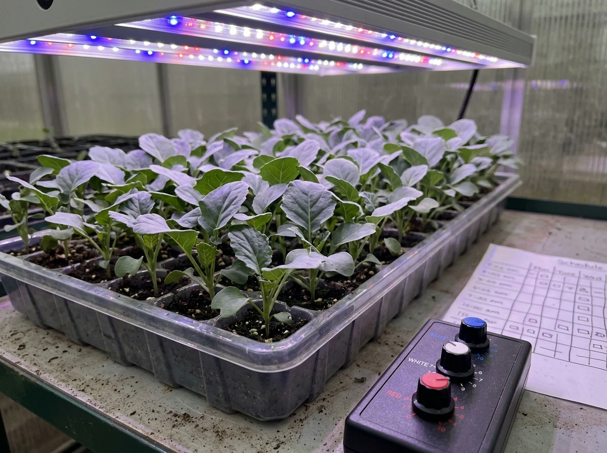 Seedlings with labeled grow light schedule and mixed blue/red channels