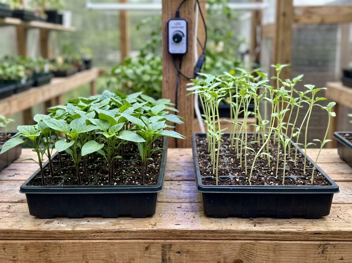 Leggy, stretched seedlings from overly red-heavy settings