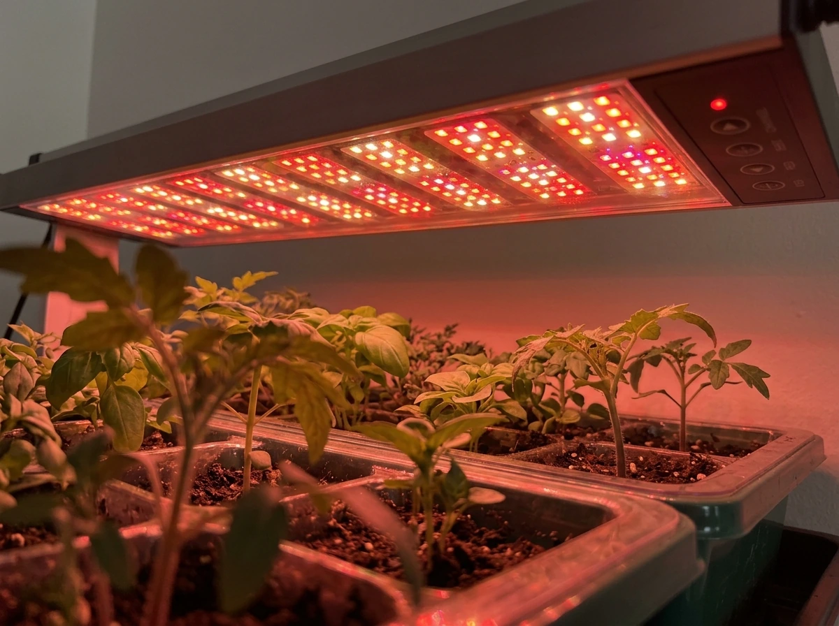 Grow light with red channel on, showing separate red glow from LEDs