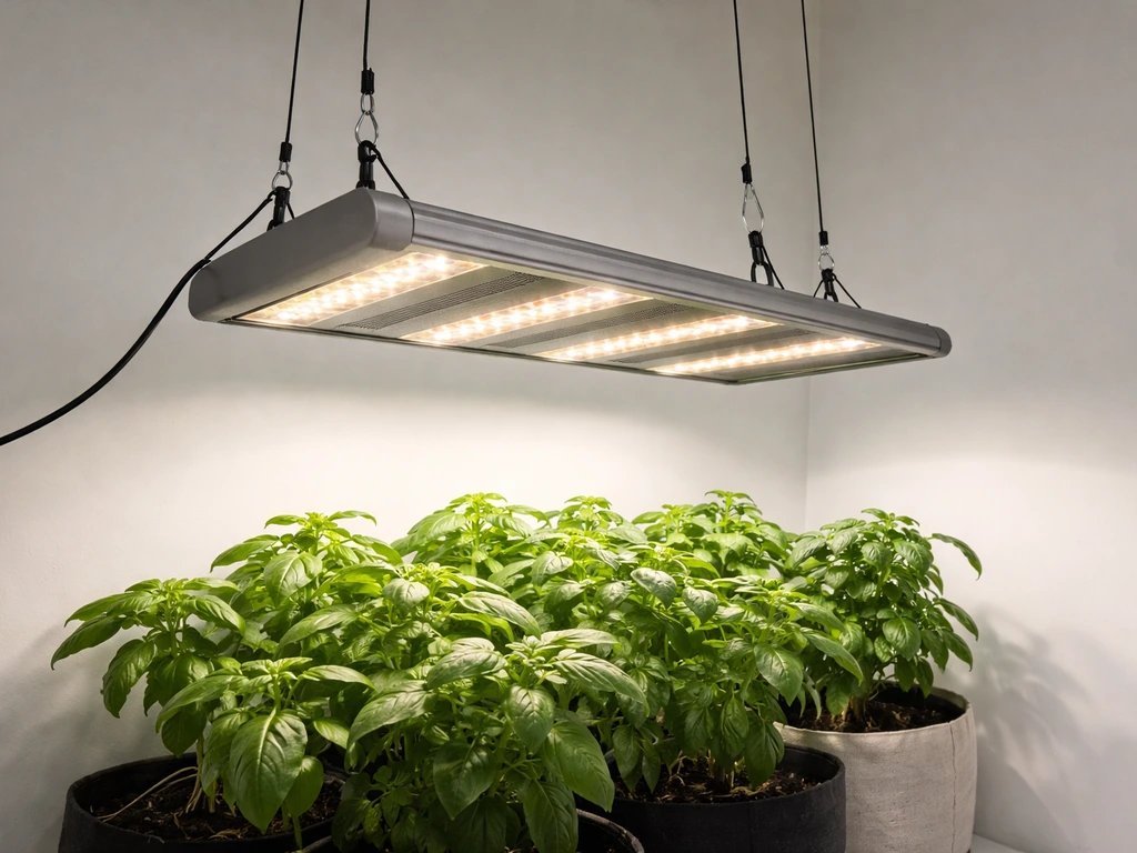Angled LED grow light fixture hanging above plant leaves in a minimal indoor setup.