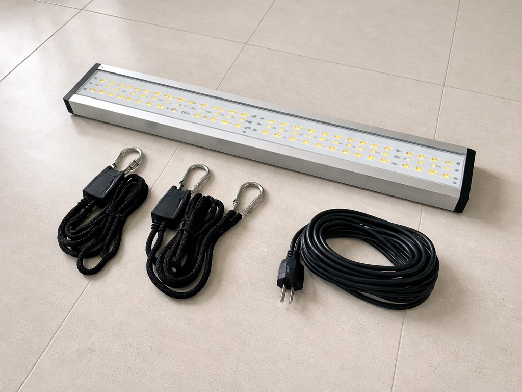 Grow light panel, hanging straps, and coiled power cord laid out neatly before assembly.