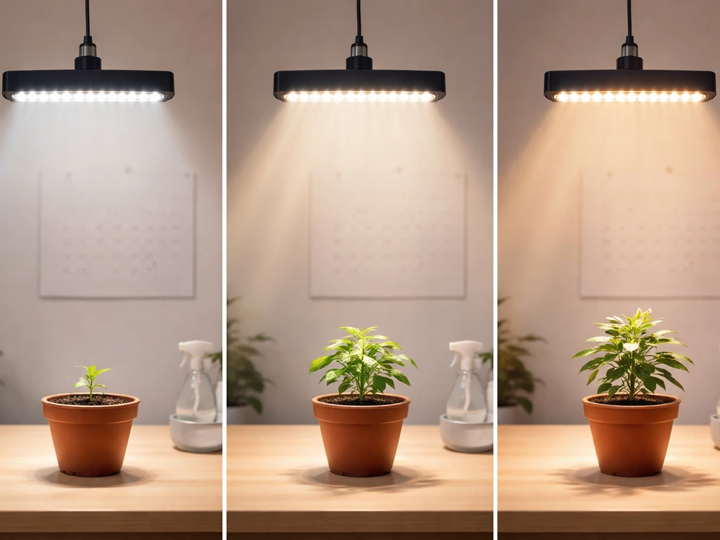A potted plant under a dimmable grow light with a minimal, blurred calendar-like background.