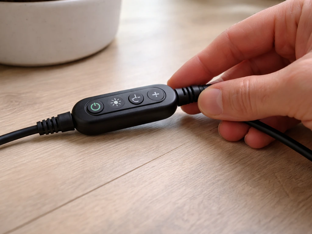 Close-up of an in-cable grow light remote connection with a thumb wiggling the cord joint.
