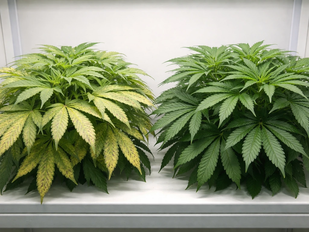 Close-up of indoor plant leaves showing pale, bleached foliage versus healthy deep-green leaves at canopy level.