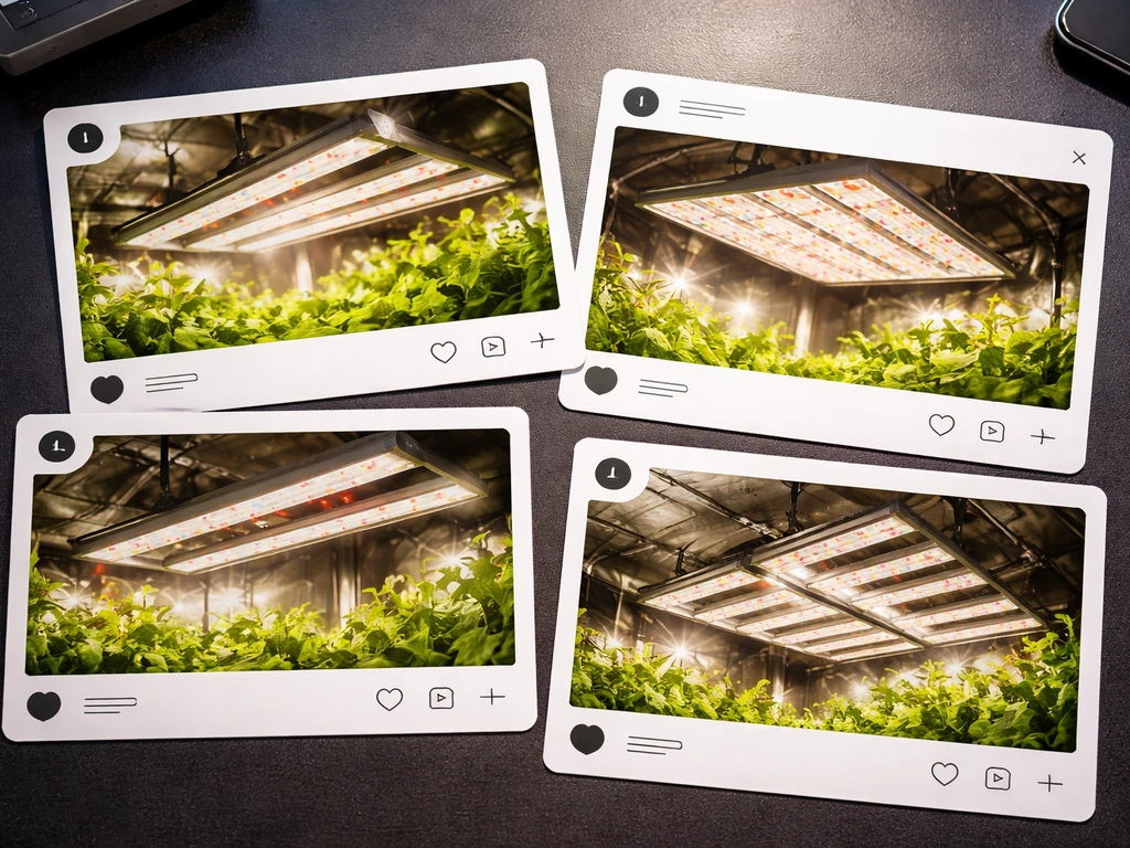 Minimal collage of anonymous social media giveaway tiles for LED grow lights with no readable text.