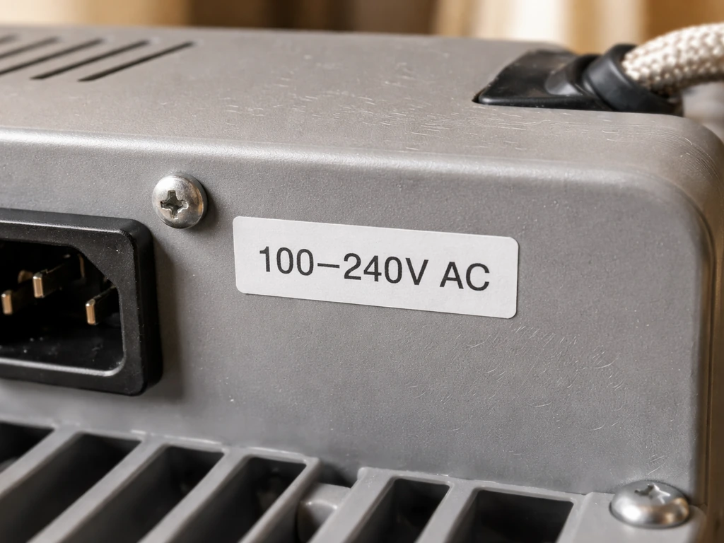 Close-up of a generic LED grow light’s back input label showing a 100–240V AC range.