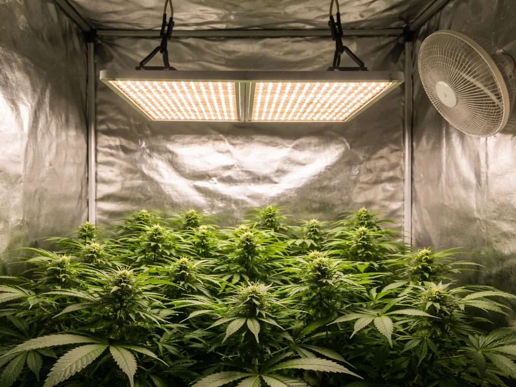 LED grow light correctly hung over leafy plants in a white reflective tent with airflow from a fan.