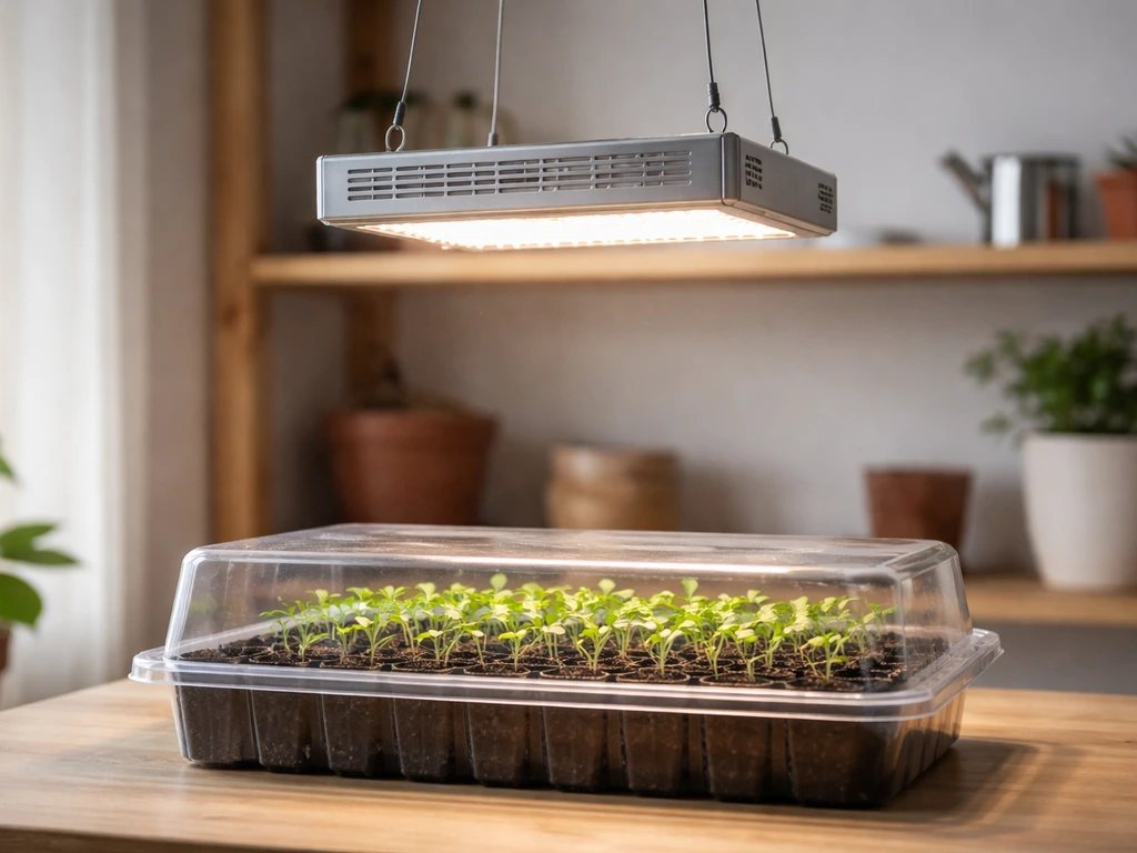 LED grow light hanging over seedling tray on a home shelf, showing coverage and height