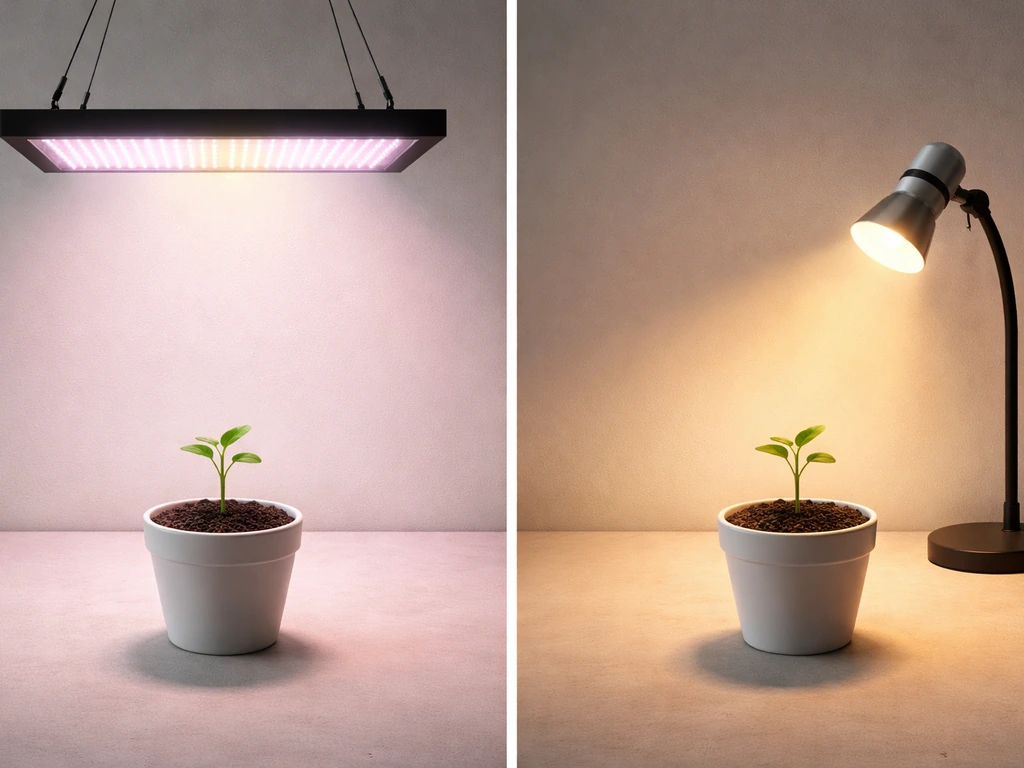Minimal photo-style comparison of grow light types with two simple panels and a plant seedling.