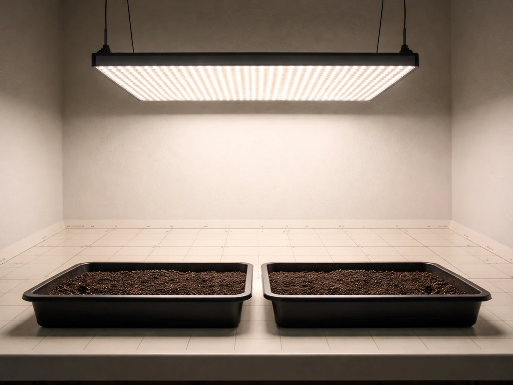 LED grow light panel above empty black seed trays with a simple plant-stage distance reference