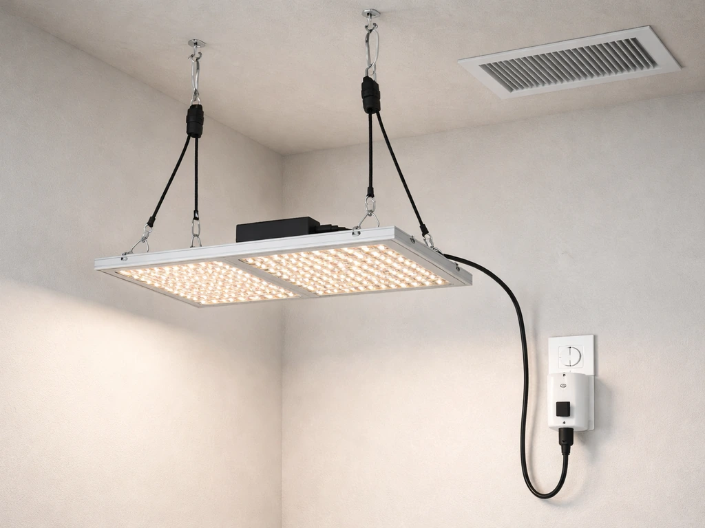 LED grow light hung with ratchet hangers, connected to a timer/smart plug, with clear ventilation space.
