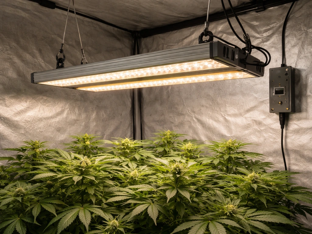 LED grow light mounted over leafy plant canopy with a neatly placed controller box nearby.