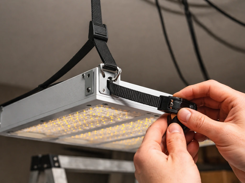 Close-up of ratchet straps threaded through hanging brackets on a light fixture, aligned for initial height.