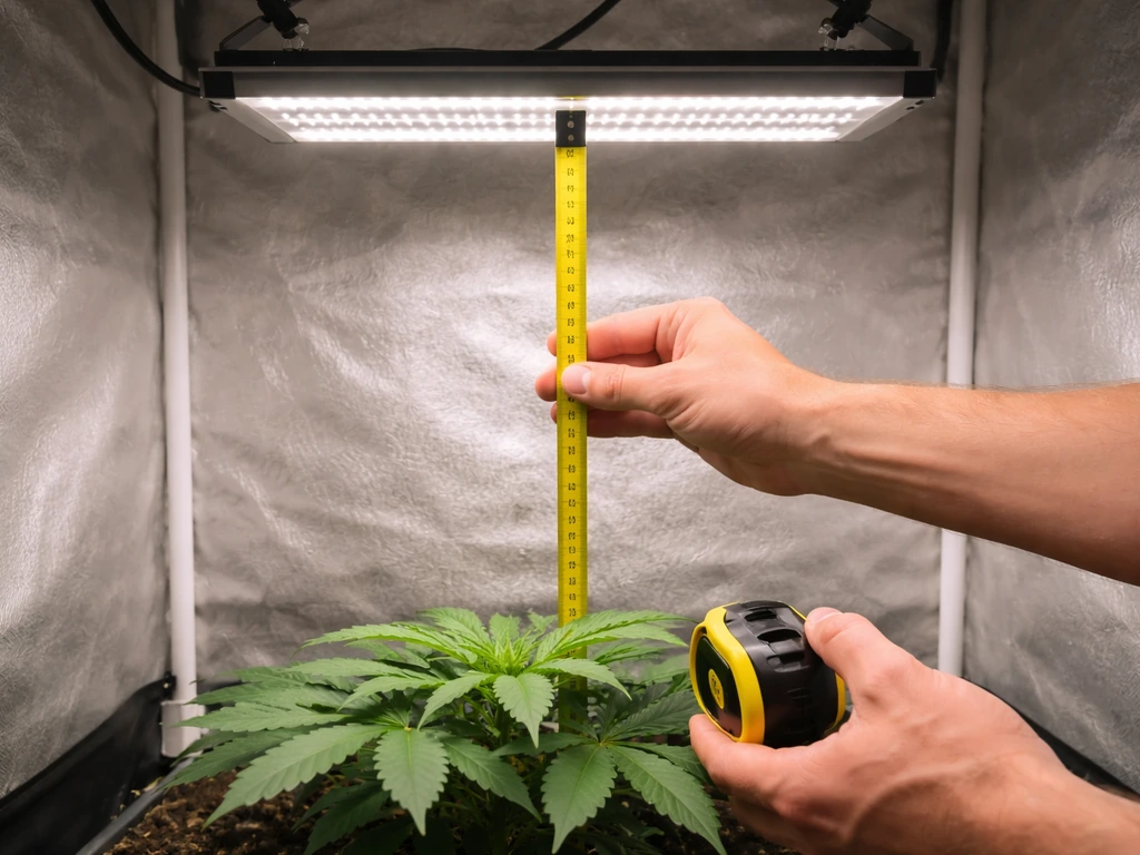 Hands using a tape measure to measure LED light height above a seedling canopy in a grow tent.