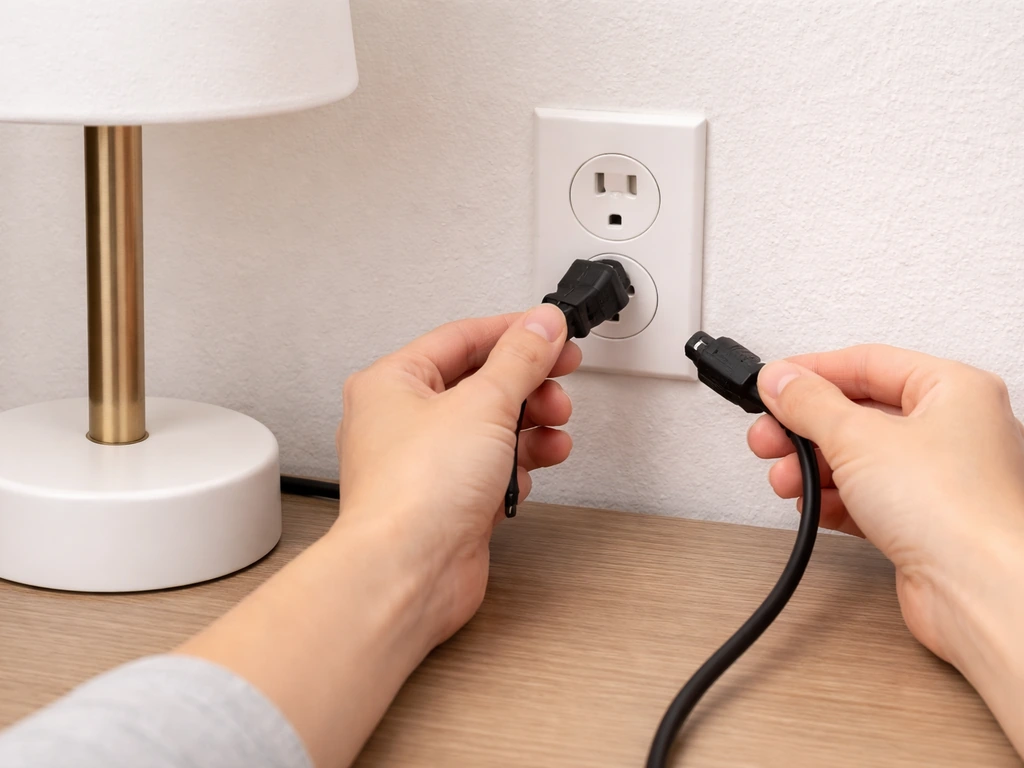Hands unplugging and reseating a lamp’s power/driver connectors near a wall outlet, testing a light not turning on.