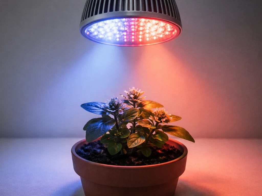 Close-up LED grow light emitting cool blue and warm red light beside a small potted plant