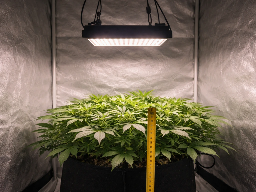 LED grow light suspended above a plant canopy with a measuring tape showing hanging height distance.