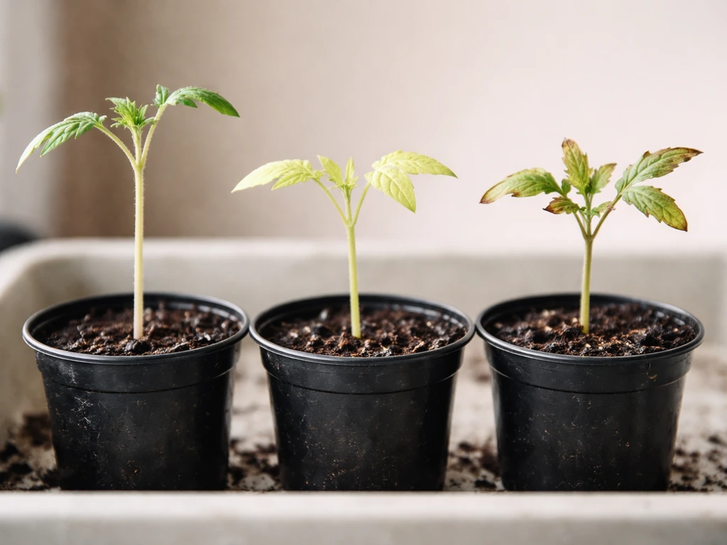 Close-up of three potted seedlings showing leggy, pale, and burnt leaf-tip symptoms side by side.