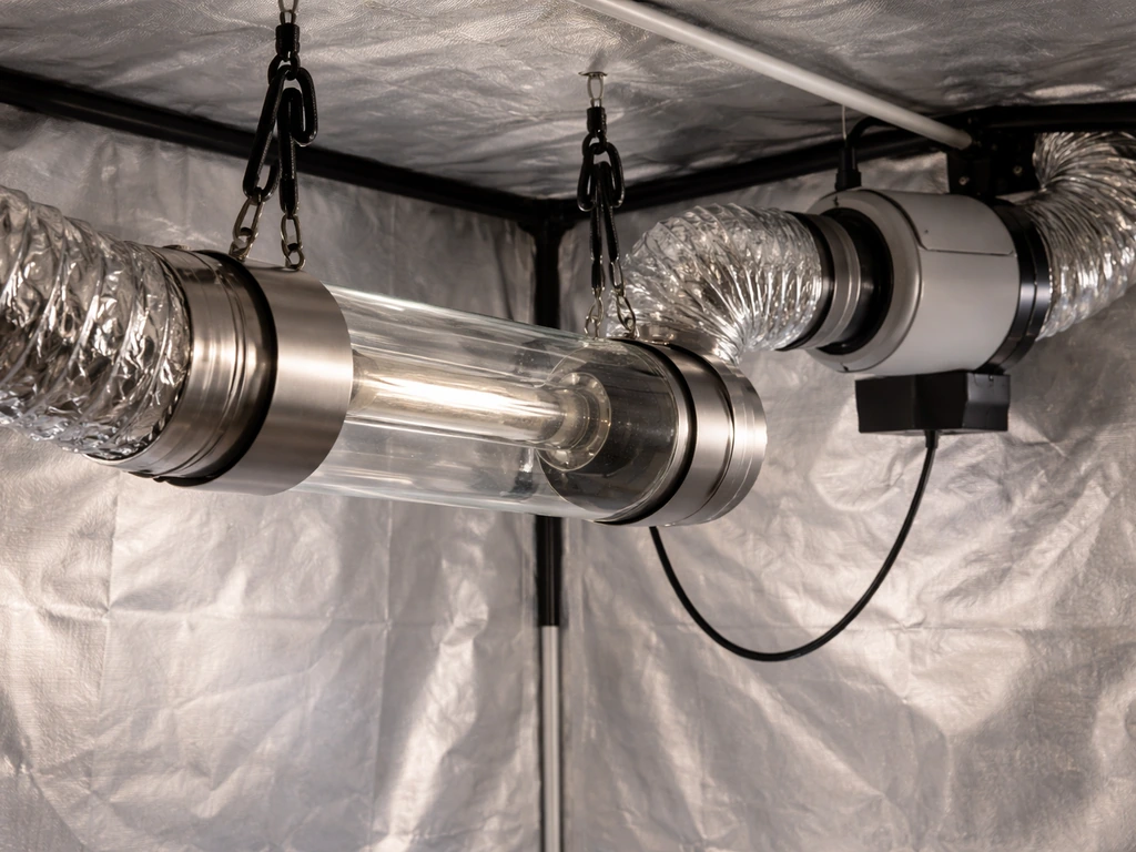 Close view of a cool tube grow light inside a grow tent with ducting and an inline fan