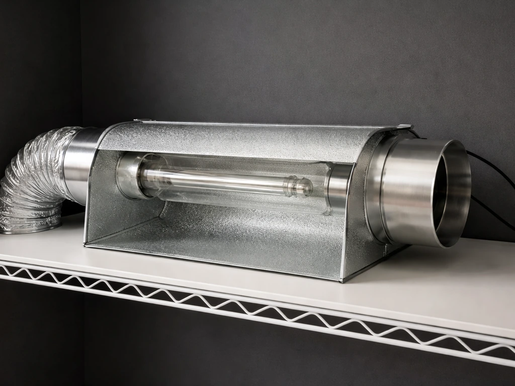 Indoor grow light showing a sealed cool tube with reflective hood and fan/duct airflow attachment.