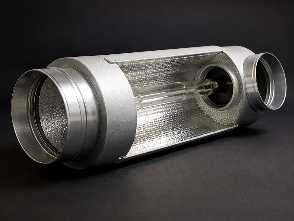 Close-up of a 6-inch cool tube reflector with duct port ends and reflective interior.
