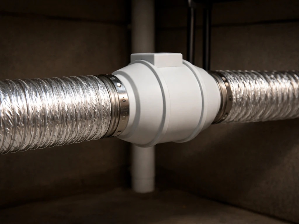 Close-up of straight 6-inch flexible ducting connected to a 6-inch inline fan, properly aligned.