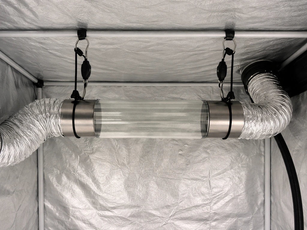 Cool tube mounted horizontally across a grow tent ceiling, aligned with intake on one end and exhaust duct on the other.