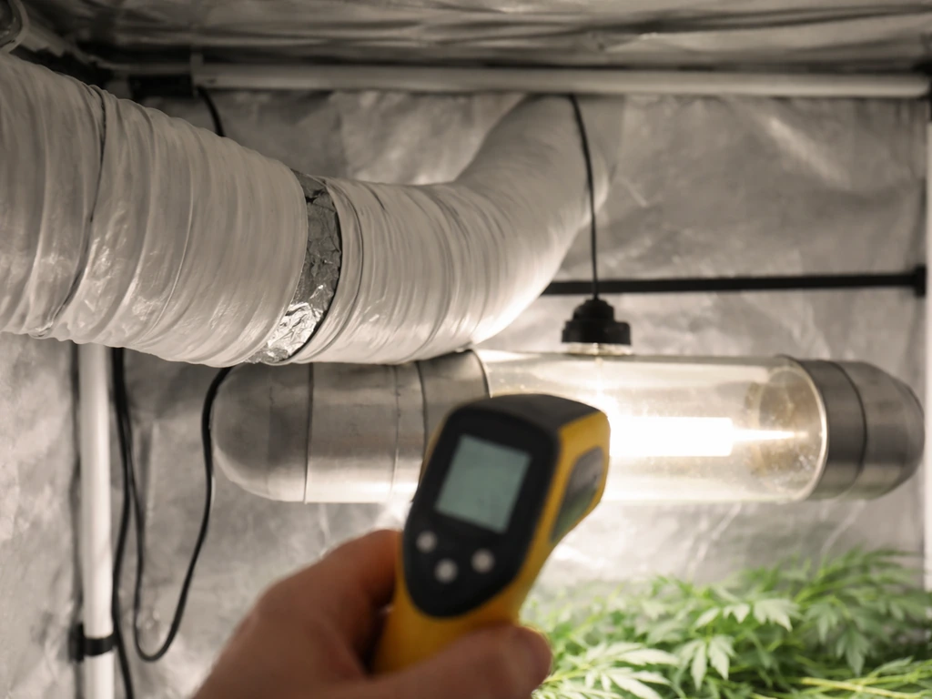 IR thermometer aimed at a grow canopy area near a kinked, misaligned flex-duct joint.