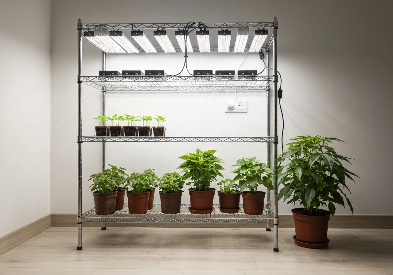 Indoor wire shelf grow light setup with mounted LED lights and several potted plants at different stages.