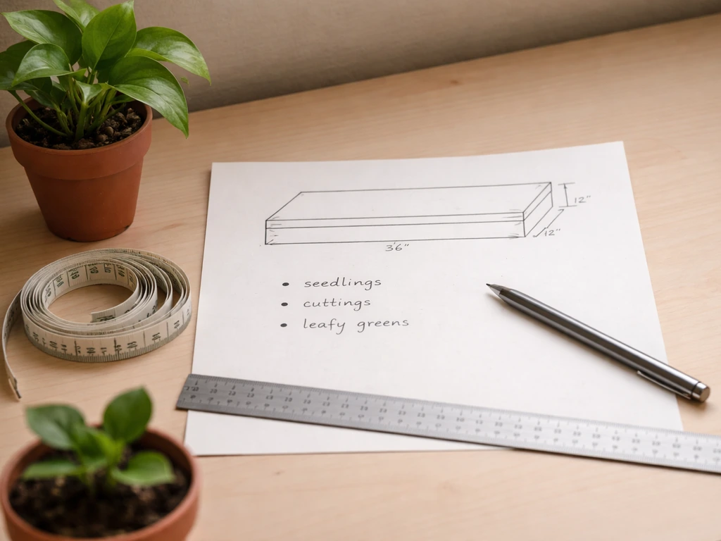Wooden shelf planning notes with measurements and a simple checklist for different plant types