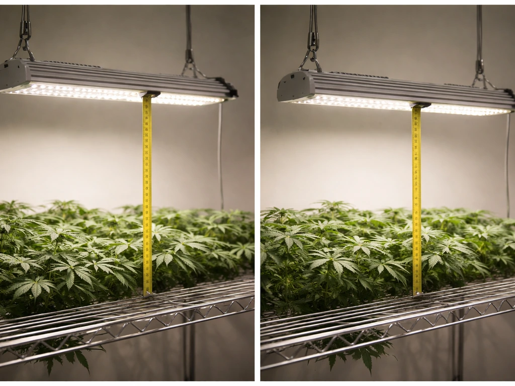 Side view showing incorrect vs corrected LED mounting height over a wire shelf with tape measuring gap