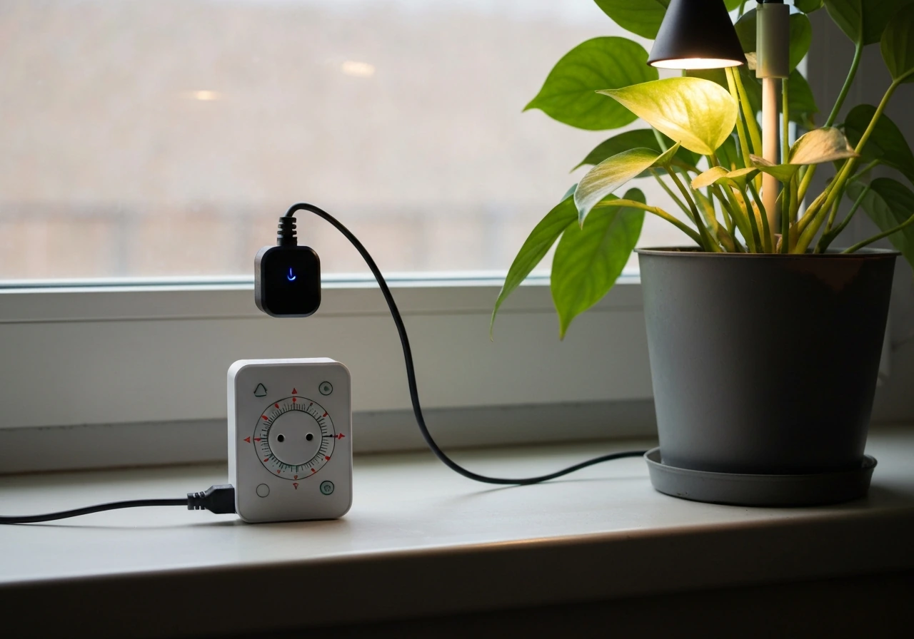 Programmable outlet timer and smart plug controlling a small grow light beside a leafy plant.