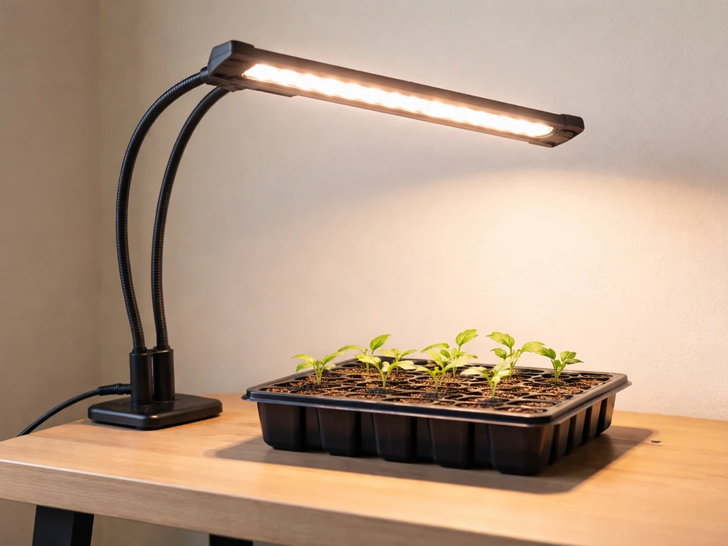 Grow light over seedlings with adjustable head and gooseneck arms above small houseplant tray.