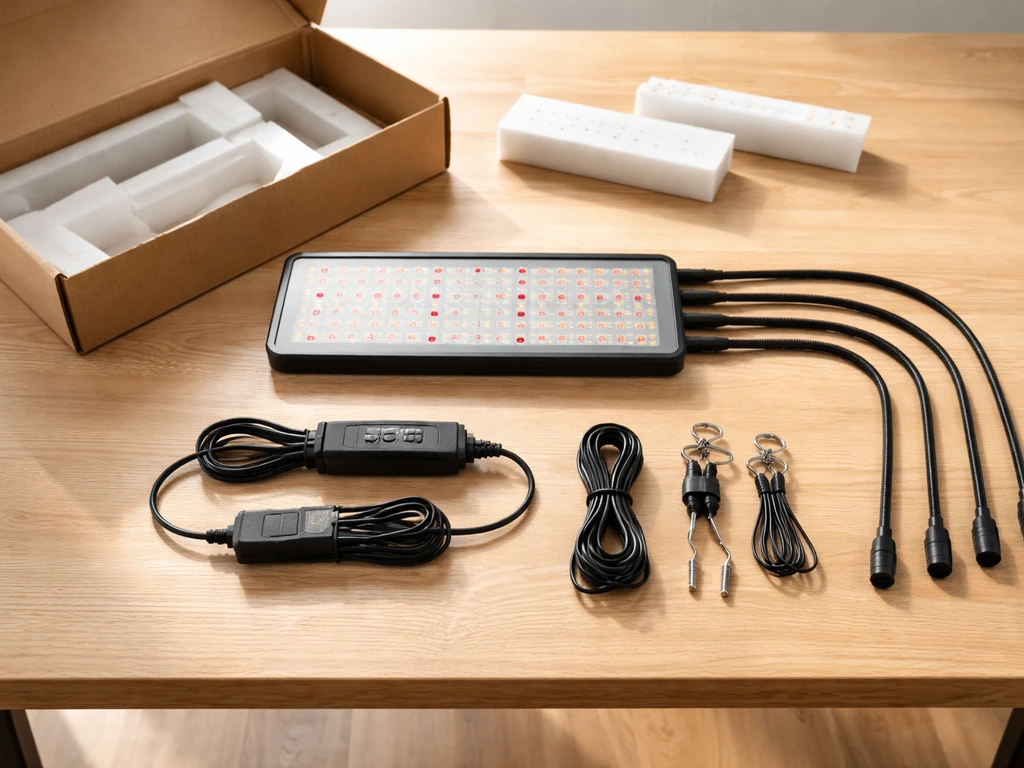 Table-top unboxing of a grow light kit with components neatly laid out, including main unit and gooseneck arms.