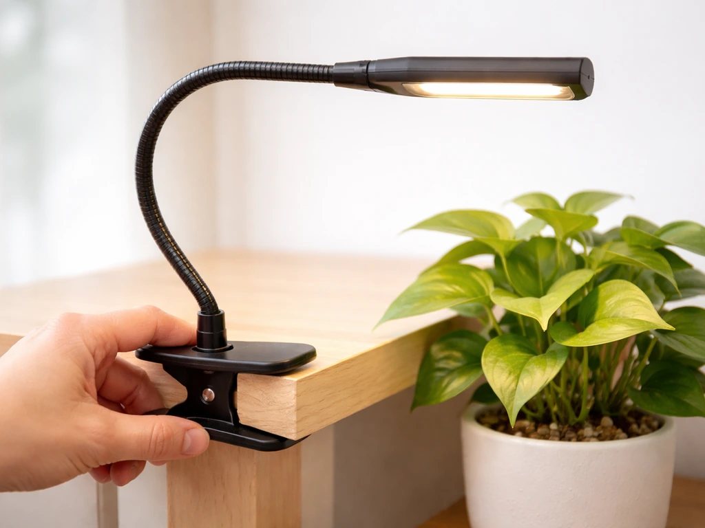 Hand squeezes a clip-on grow light clamp on a desk edge above a small potted plant.
