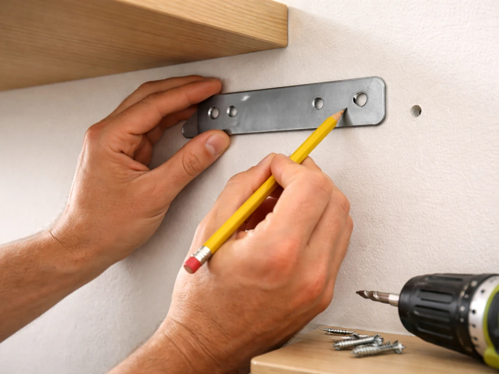 Hands holding a mounting bracket on a wall while marking screw holes with a pencil; drill nearby.