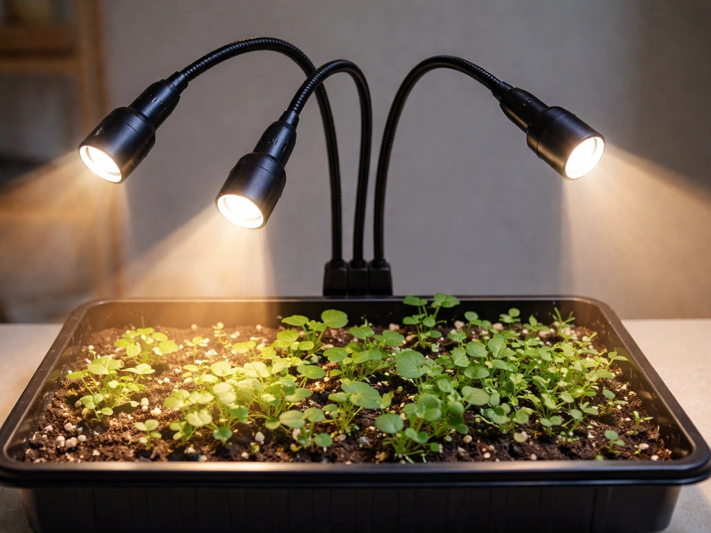Overhead view of adjustable grow light heads over seedlings, showing different light spread