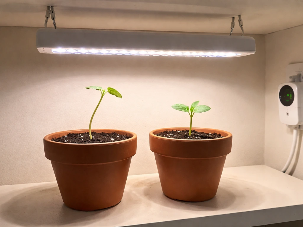 Two seedlings under one grow light: left stretched and leaning, right compact and upright after adjustment.