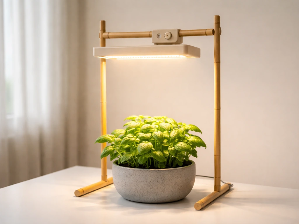 Bamboo pole grow light above a small potted plant, with timer/control elements visible, during setup
