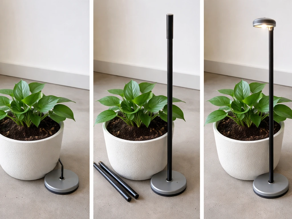 Pole-based grow light pole being placed beside/in a pot and standing upright on a stable surface.